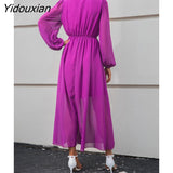 Yidouxian Women Fall V Neck Solid Color Long Sleeve High Waist Purple Tie Dress For Ladies Fashion All Match