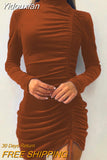 Yidouxian Bodycon Dress Solid Folds Drawstring Mini Dress Autumn Women Turtleneck Long Sleeve Party Dresses Vestidos De Noche