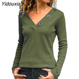 Yidouxian Elegant Knitted Loose T-shirt V Neck Button Splicing Long Sleeves Tops Women Casual Commuter Cotton Solid Color Clothing