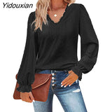Yidouxian Autumn Winter Hollow Style Women's Top Casual Pleated Long Sleeved V-Neck T-Shirt Pullover Fashion New Design Shirt