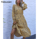 Yidouxian Spring Summer Light Mature Leopard Print Halter Full Sleeve Dress Women Fashion O Neck Loose All Match Long Dresses