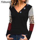 Yidouxian Elegant Knitted Loose T-shirt V Neck Button Splicing Long Sleeves Tops Women Casual Commuter Cotton Solid Color Clothing