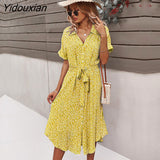 Yidouxian Spring Summer Ladies Bandage Dress Women Medium Long Sleeve Button Floral Print Holiday Style Chic Dress Female