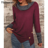 Yidouxian Waffle T-shirt Women Half Turtleneck Long Sleeve Button Solid Colour Patchwork Tops Spring Autumn Elegant Casual Clothes