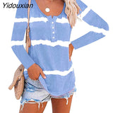 Yidouxian Autumn Tie Dye Print Stripes T-Shirt Women O Neck Button Pullover Loose Long Sleeve Tops Fashion Casual Office Cotton Tees