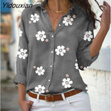 Yidouxian Single Breasted Cardigan Floral Print Shirt Women British Style Lapel Long Short Sleeve Blouse Commuter Casual Loose Top