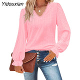 Yidouxian Autumn Winter Hollow Style Women's Top Casual Pleated Long Sleeved V-Neck T-Shirt Pullover Fashion New Design Shirt