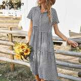 Yidouxian Summer Plaid Shirt Dress Women 2023 New Casual Short Sleeve High Waist Loose Dresses For Ladies Leisure Medium Long Dress