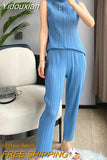 Yidouxian Pleated Sets for Women Turtleneck Sleeveless Vest Pencil Pants Fashion Two Piece Suit Set 2023 Summer New