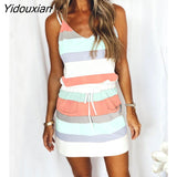 Yidouxian Stripe Pocket Bandage Mini Sling Dress Sexy V-Neck Shoulder Strap Beach Party Dress 2023New Women Summer Dress