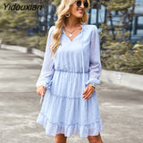 Yidouxian Printed Short Dress 2023 New Women Autumn Winter V Neck Long Sleeve Lace Up All Match A Line Dress