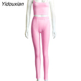 Yidouxian Casual Sporty Knitting Ribbed 2 Piece Outfits Jogging Sexy O Neck Tank Top + Leggings Bodycon Two Piece Set Tracksuit