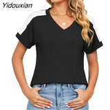 Yidouxian Fashion Short Sleeve Shoulder Color Blocking T-Shirt Female 2023 Summer Casual Streetwear V Neck Cotton Tees Women's Tops