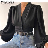 Yidouxian Spring New Lantern Sleeve Tops Women Splicing Solid Color Button V-Neck Shirt Cardigan Slim Fit Female Casual Office Blouse