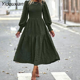 Yidouxian 2023 New Women Fashion Swing Dress For Ladies O Neck Puff Sleeve Solid Color High Waist Temperament Casual Midi Dresses