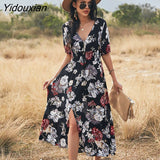 Yidouxian Spring Summer Long Floral Bandage Dress Women Sexy V Neck Slim High Waist Ladies A Line Print Maxi Dresses