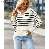 Yidouxian Winter 2023 New Women V Neck Long Sleeve Striped Loose Sweater For Ladies Soft Comfortable Thermal Knitted Top