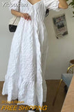 Yidouxian Summer Puff Sleeve Women Ruffes Dress Ladies Womens Cotton Pullover Long Dresses New Fashion Casual Loose Pleated Dress