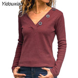 Yidouxian Elegant Knitted Loose T-shirt V Neck Button Splicing Long Sleeves Tops Women Casual Commuter Cotton Solid Color Clothing