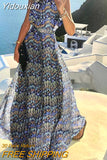 Yidouxian Women Sleeveless Pleated Maxi Dresses Summer Halter O Neck Long Dress Boho Printed Beach Sundress Party Dress Robe De Plage