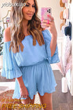 yidouxian Off Shoulder Loose Chiffon Rompers Overalls Women Casual Beach Wide Leg Blue Playsuits Plus Size Ruffle Summer Romper