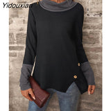 Yidouxian Waffle T-shirt Women Half Turtleneck Long Sleeve Button Solid Colour Patchwork Tops Spring Autumn Elegant Casual Clothes