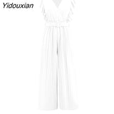 Yidouxian 2023 New Sexy Slim Jumpsuits High Waist Sleeveless Ruffle V Neck Pleated Wide Leg Pants Women For Fashion