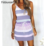 Yidouxian Stripe Pocket Bandage Mini Sling Dress Sexy V-Neck Shoulder Strap Beach Party Dress 2023New Women Summer Dress