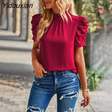 Yidouxian 2023 New Summer Women's O Neck Loose Top For Ladies Clean Color Short Sleeve Shirt Blouses For Fashion