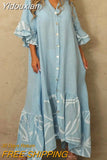 Yidouxian Lantern Sleeve Sundress Women Dress Fashion Lapel Neck Boho Printing Shirt Dress Single Breasted Maxi Dress Robe Femme
