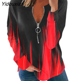 Yidouxian Autumn Winter New Fashion Tops Zipper V Neck Long Sleeve Women T Shirt Gradient Print Feather Loose Casual Oversized Tees