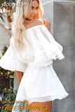 yidouxian Off Shoulder Loose Chiffon Rompers Overalls Women Casual Beach Wide Leg Blue Playsuits Plus Size Ruffle Summer Romper
