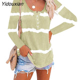 Yidouxian Autumn Tie Dye Print Stripes T-Shirt Women O Neck Button Pullover Loose Long Sleeve Tops Fashion Casual Office Cotton Tees