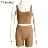 Yidouxian Casual Sporty Knitting Ribbed 2 Piece Outfits Jogging Sexy O Neck Tank Top + Leggings Bodycon Two Piece Set Tracksuit