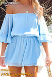 yidouxian Off Shoulder Loose Chiffon Rompers Overalls Women Casual Beach Wide Leg Blue Playsuits Plus Size Ruffle Summer Romper
