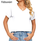 Yidouxian Fashion Short Sleeve Shoulder Color Blocking T-Shirt Female 2023 Summer Casual Streetwear V Neck Cotton Tees Women's Tops