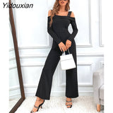 Yidouxian 2023 New Spring Summer Solid Color Long Sleeve Bib One Shoulder Slim Fit Black Women's Jumpsuit