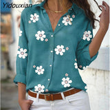 Yidouxian Single Breasted Cardigan Floral Print Shirt Women British Style Lapel Long Short Sleeve Blouse Commuter Casual Loose Top