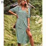 Yidouxian Printing A Line Floral Women Dress 2023 New Spring Summer V Neck Short Sleeve Single Breasted High Waist Dresses
