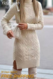 Yidouxian style long sleeve pullover knitted turtleneck sweater solid color split Fried Dough Twists medium length sweater dress