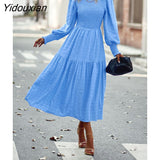 Yidouxian 2023 New Women Fashion Swing Dress For Ladies O Neck Puff Sleeve Solid Color High Waist Temperament Casual Midi Dresses