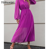 Yidouxian Women Fall V Neck Solid Color Long Sleeve High Waist Purple Tie Dress For Ladies Fashion All Match