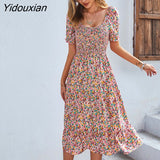 Yidouxian Spring Summer Long Print Dress Women Bohemian Short Sleeve High Waist Flroal Dresses For Ladies Leisure