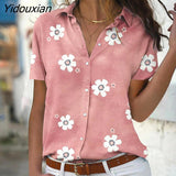 Yidouxian Single Breasted Cardigan Floral Print Shirt Women British Style Lapel Long Short Sleeve Blouse Commuter Casual Loose Top