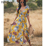 Yidouxian Spring Summer Long Floral Bandage Dress Women Sexy V Neck Slim High Waist Ladies A Line Print Maxi Dresses