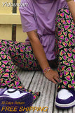 Yidouxian Y2k Aesthetic Colorful Heart Print Pants High Street Fashion Casual High Waist Wide Leg Flared Trousers For Women 2023 Wear