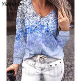 Yidouxian Female Autumn T-Shirt Tops Fashion Women Loose Collar V-Neck Floral Print Long-Sleeve Casual Street T-Shirt Топ