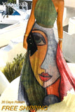 Yidouxian Women Sleeveless Pleated Maxi Dresses Summer Halter O Neck Long Dress Boho Printed Beach Sundress Party Dress Robe De Plage