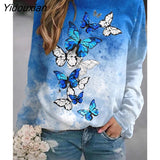 Yidouxian Autumn Women New Butterfly Floral Printed Sweatshirt Ladies O Neck Long Sleeve Casual Loose Hoodie Streetwear Pullover Tops