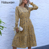 Yidouxian Spring Summer Light Mature Leopard Print Halter Full Sleeve Dress Women Fashion O Neck Loose All Match Long Dresses